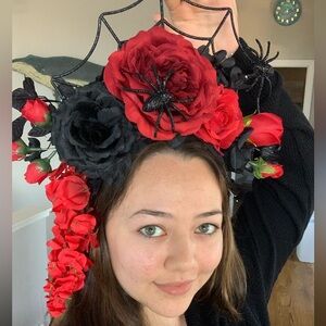 One of a Kind Floral Black and Red Headpiece - Halloween Dia de Los Muertos